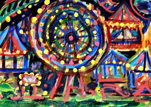 ORIGINAL ACEO Painting CARNIVAL Fair Amusement Park Fireworks Rides Fun ATC ART