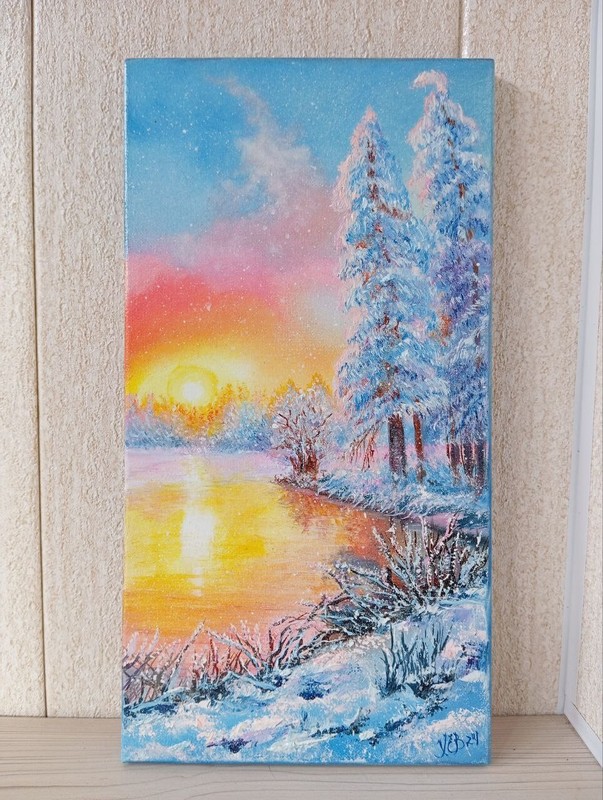 Winter Original Oil Painting on Stretched Canvas Landscape Sunrise 16×8 in