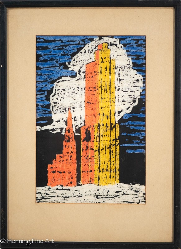 Beautiful Antique Painting of Skyscraper Cityscape Against Clouds 1938 FINE!