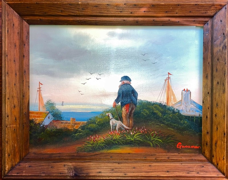 W. Gassman Signed – Fisherman and His Dog Oil Painting 19×15 Framed