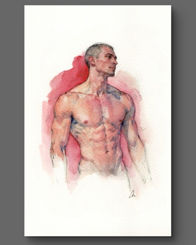 Original Watercolor Painting Classical Male Figure Book Page 5.5 × 8.5 inches)