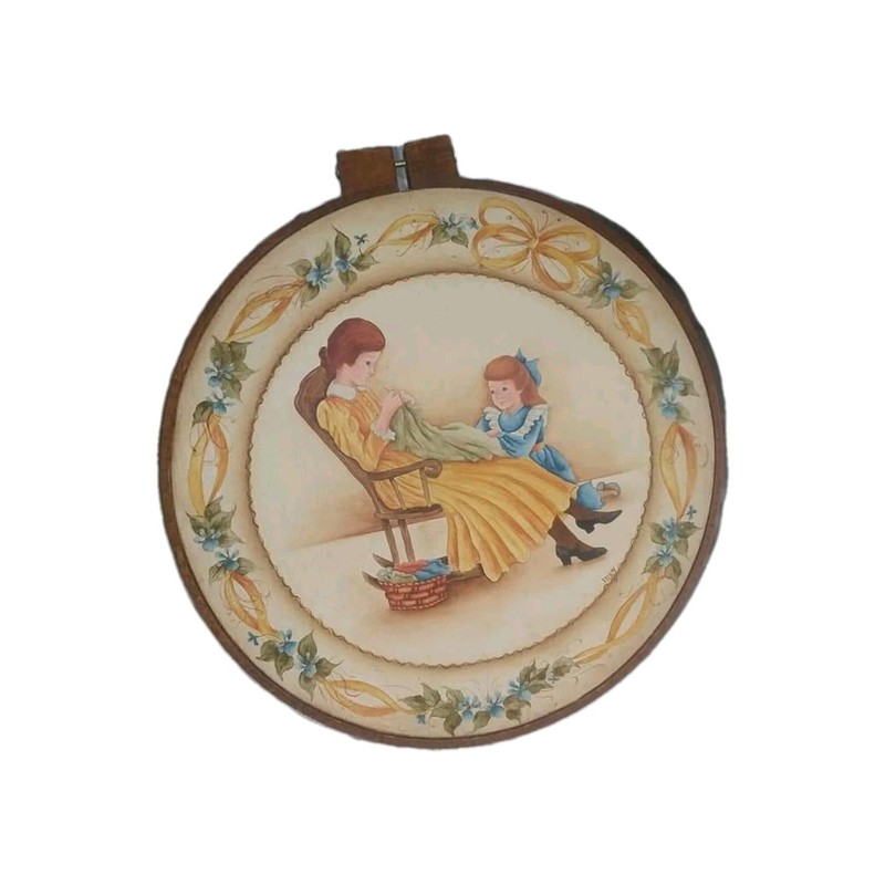 Vintage Primitive Art Hand Painted Canvas Mom & Daughter Sewing Wood Hoop Frame