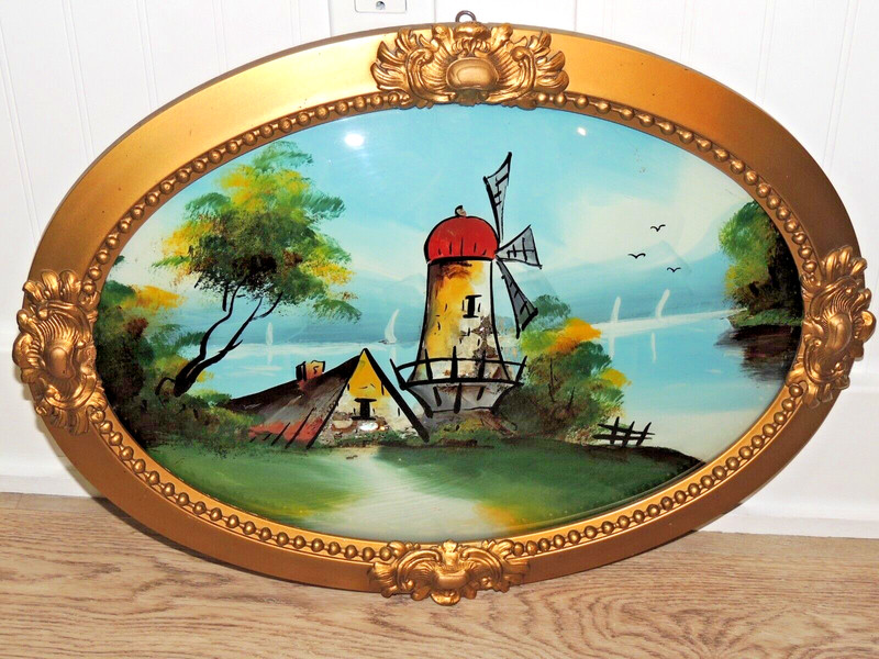 Antique Reverse Handpainted Windmill w/ Curved Glass Oval Wood Frame 23 x 16 3/4
