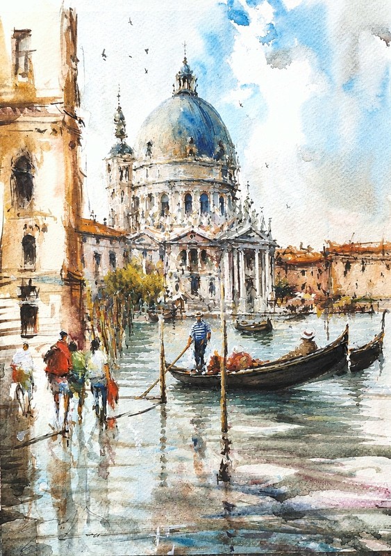 ORIGINAL PAINTING WATERCOLOR VENICE ARCHITECTURE CANAL GRANDE GONDOLA 11×8 inch