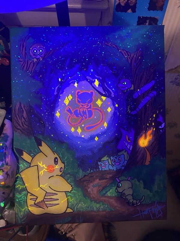 Black Light Reactive- Hand Painted Mew Painting. gallery