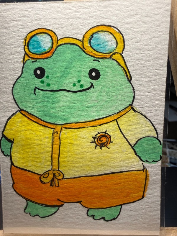 ACEO Original OOAK Signed (Not a Print) «Pool Party Frog» w/ goggles swim trunks