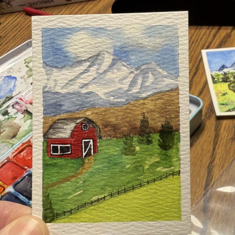 Donna Hawk «Ranch Life» ACEO Original Miniature Watercolor Signed Barn