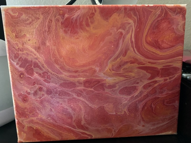 Acrylic Abstract Pour Painting, 8”x10”, 2018, red, golden yellow 