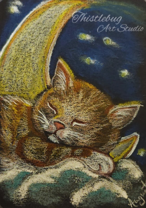 ACEO Orange Tabby Cat Kitten Moon Star Original Pastel Art Card Signed by Artist
