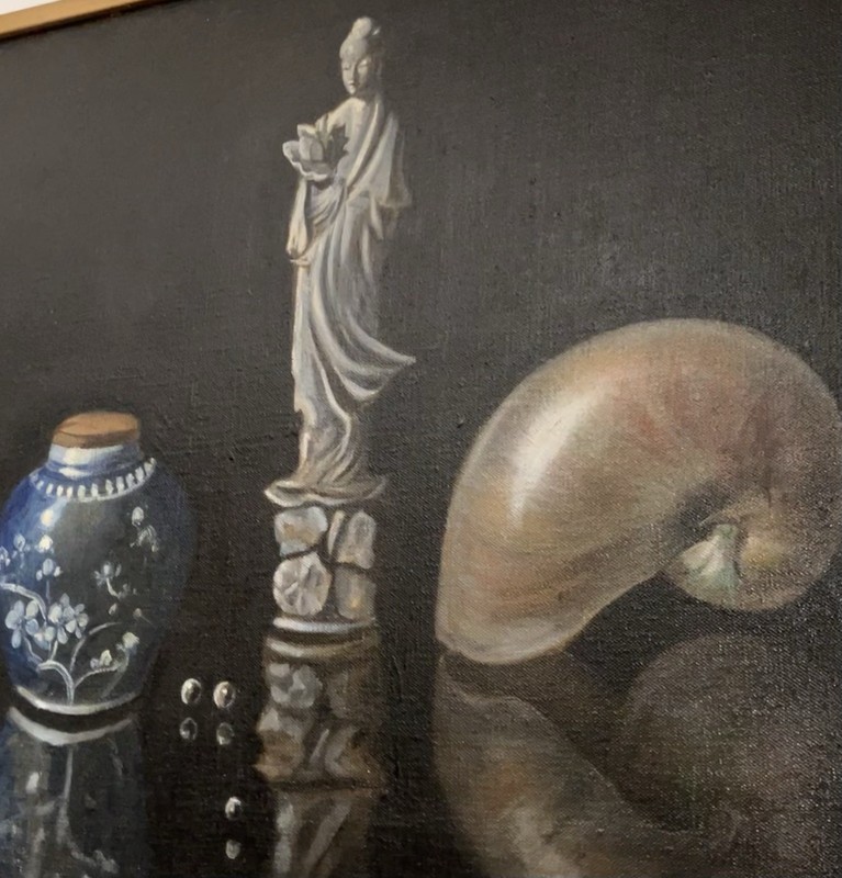 Vintage Buddha Still Life Oil Painting Kwan Yin Pearls, Nautilus BERNARD KLEIMAN