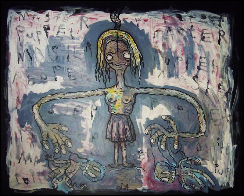 Original HAPPY GRAVE Large Painting year 2010 canvas art "PUPPET MASTER" gallery