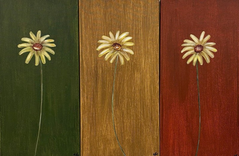 Contemporary Daisy Painting 3pc Acrylic Stretched Canvas 30”x20” Sharonsart