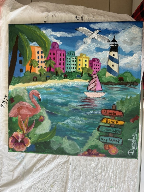 Original Acrylic Painting Miami Beach Florida Coastal Flamingo 12x12 Canvas gallery
