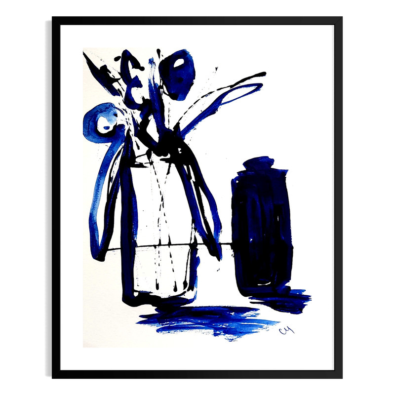 Original Minimalist 9×12 Signed Botanical Acrylic Paper Art Blue Home Decor