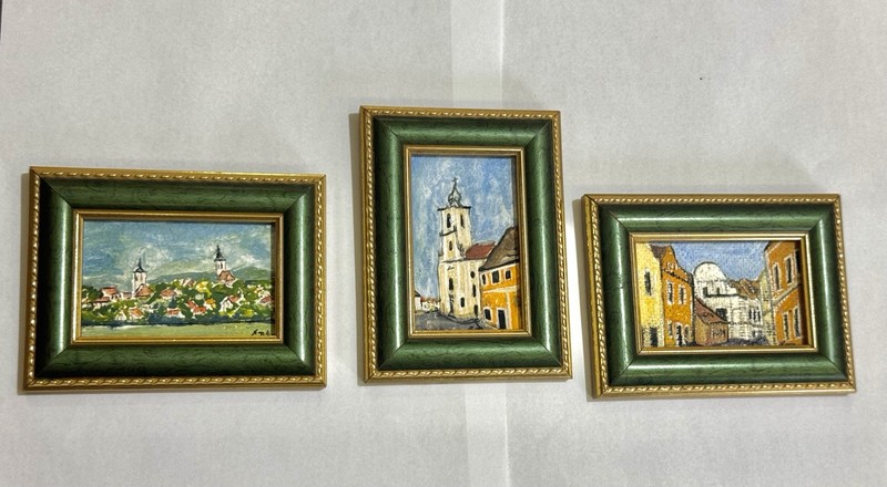 Vintage Set 3 Rare Hand Painted Painting Oil House Buildings Church Wood Frame