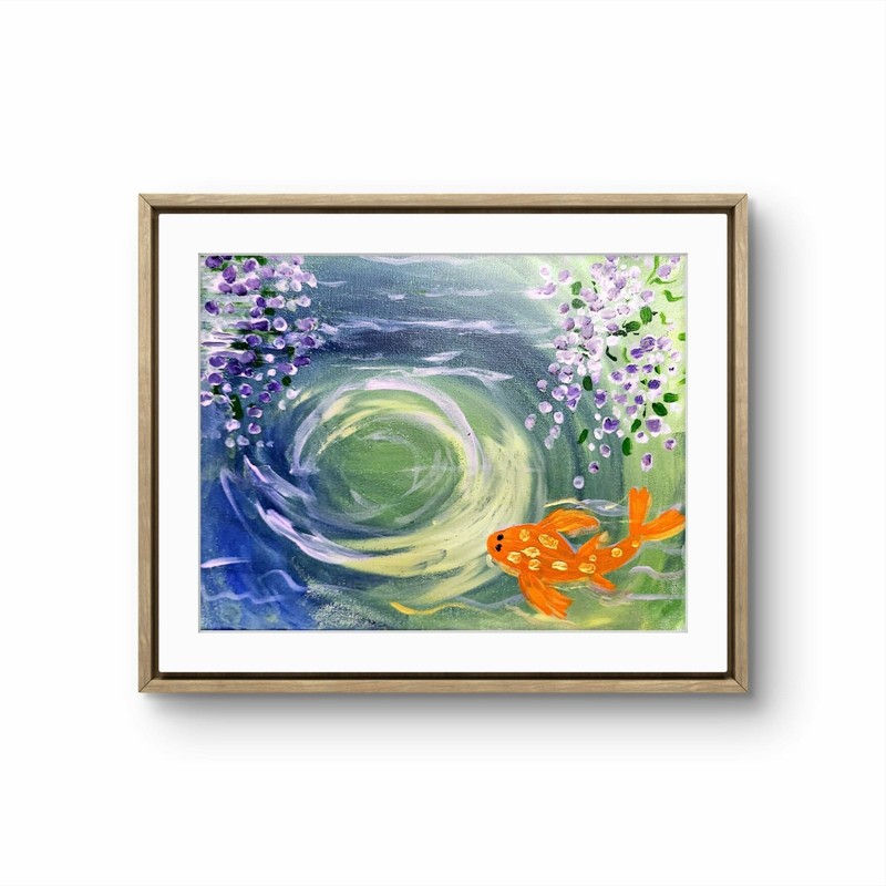 Koi Fish Pond with Wisteria Reflection Acrylic Painting 11×14