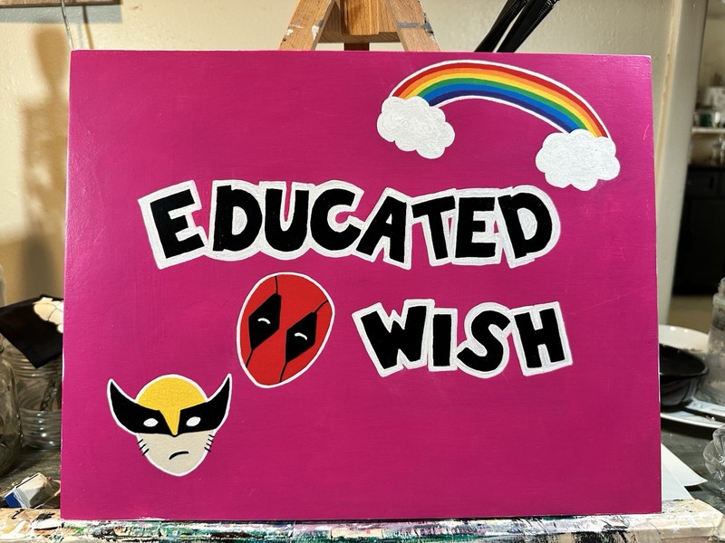 Hand painted pop art Educated Wish superheroes acrylic on wood canvas 14×11
