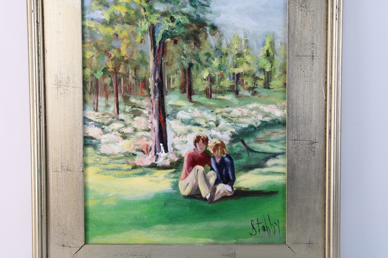 Vintage Couple In The Woods Landscape Oil Painting On Canvas Signed Illegible gallery