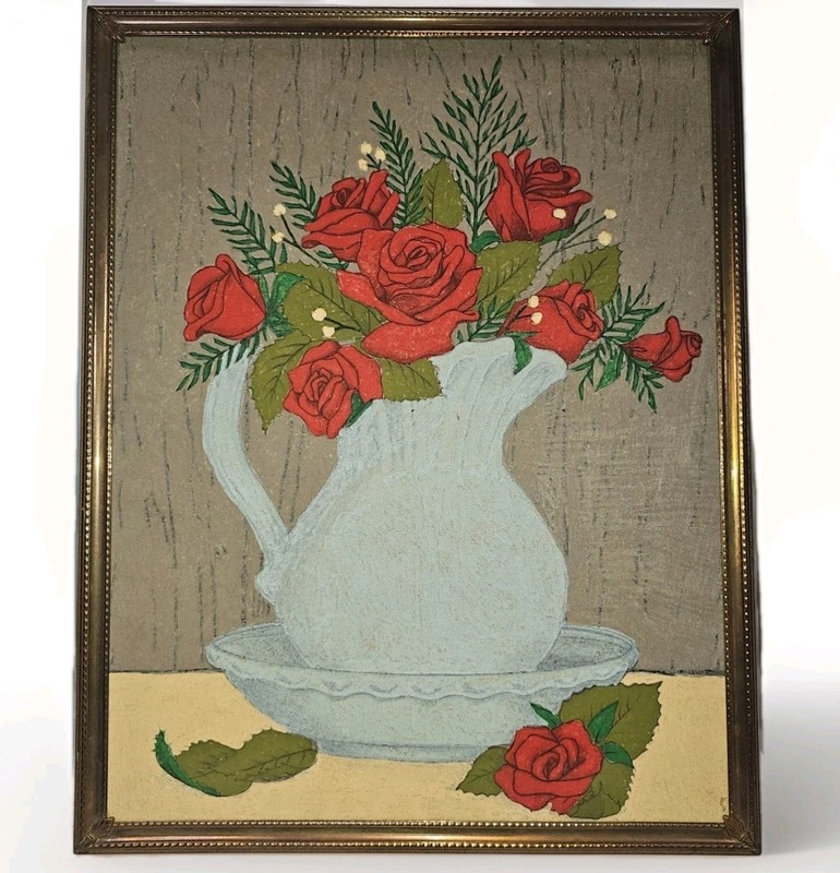 VTG Hobbyist Folk Painting Floral Roses Pitcher & Basin Brass Frame