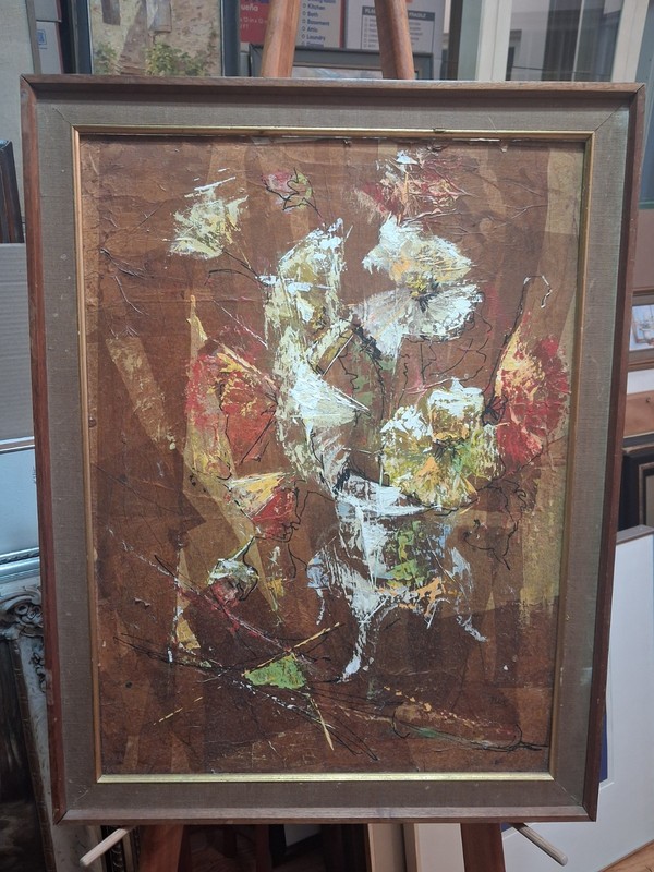 Vintage Abstract Expressionist Oil Painting/Mixed Media, Floral Still Life, MCM