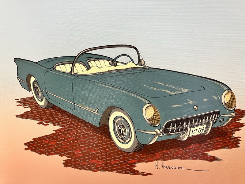 H Hargrove 12×16 Canvas Chevy Corvette 1954 White Wall Convertible Blue Flame