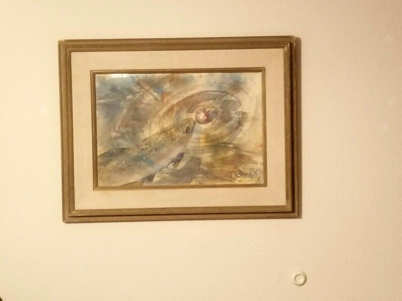 FINE SOUTHWEST WATERCOLOR PAINTING FLY FISHING R SECREST PERALTA NM TROUT & FLY gallery