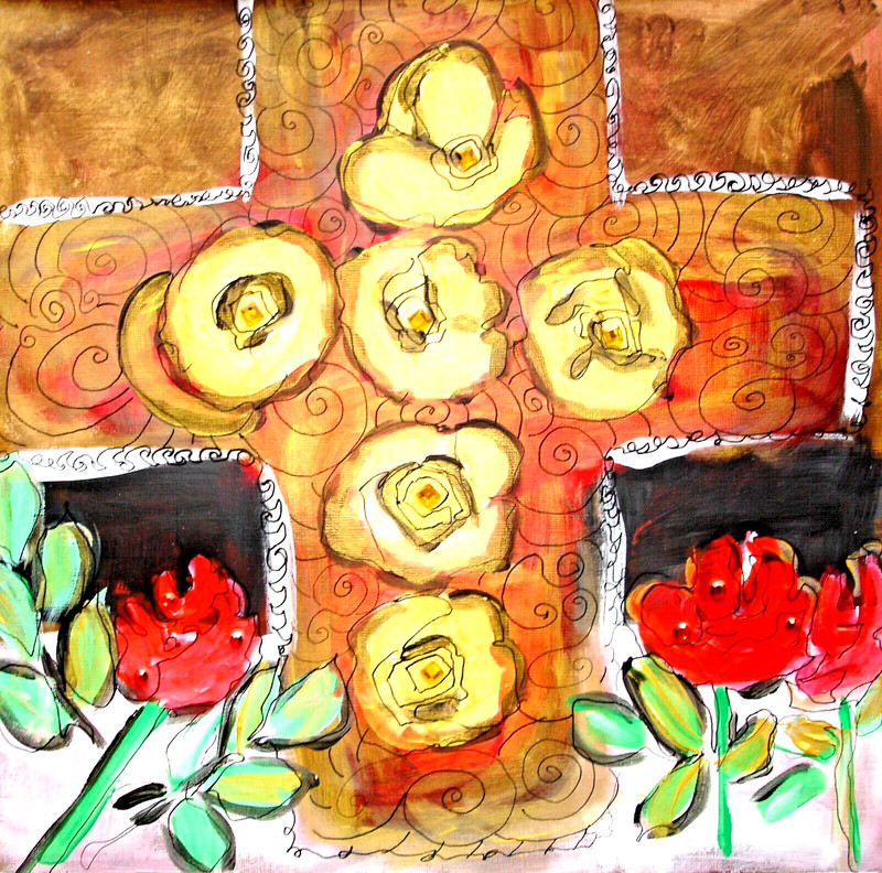 Gold Rose Cross Red Roses original 12×12 inch mixed medium painting