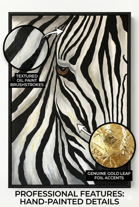 Zebra Hand Painted Wall Art 24"x36" Black Framed,Oil Painting on Canvas Painting gallery