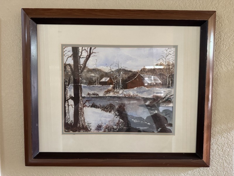 Signed BETTY 1997 Watercolor Farm Life Rustic Wood Cabins in Winter IDAHO 19×23