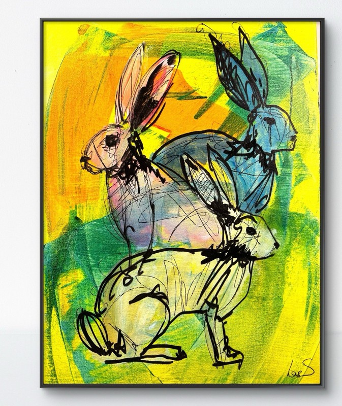 Original Art 12×16 Bunnies Canvas Expressionism Abstract Colorful Fine Art 330
