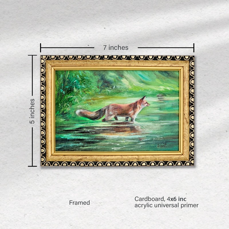 Original Oil Painting Fox Drinking Water Forest Scene 4x6 Framed Wildlife Art gallery
