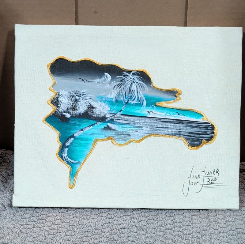 Juan Javier Signed Dominican Republic Island Map Painting – Tropical Beach 10×8