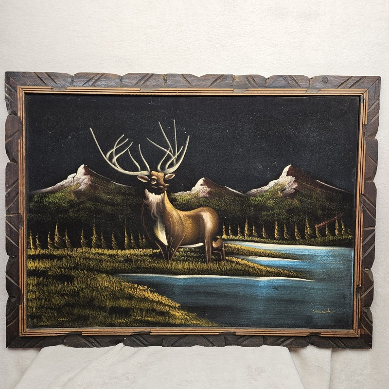 Vintage Deer Painting On Velvet Wood Frame Buck Lake Mountains Signed 40″X29″