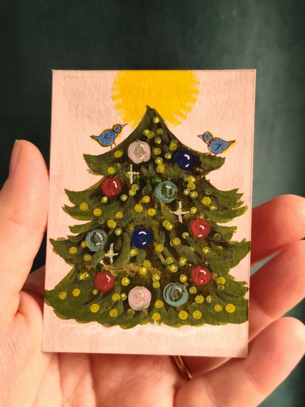 ACEO Original Christmas Tree Mixed Media Painting Art Card «Christmas in Sun»
