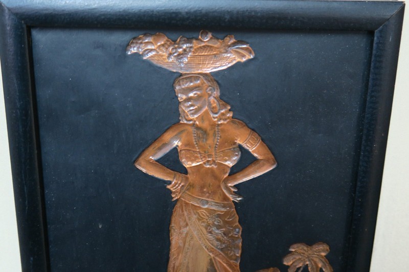 SET @ 2 VINTAGE COPPER RELIEF EMBOSSED CARRIBEAN MAN WOMAN PICTURE - FRAMED gallery