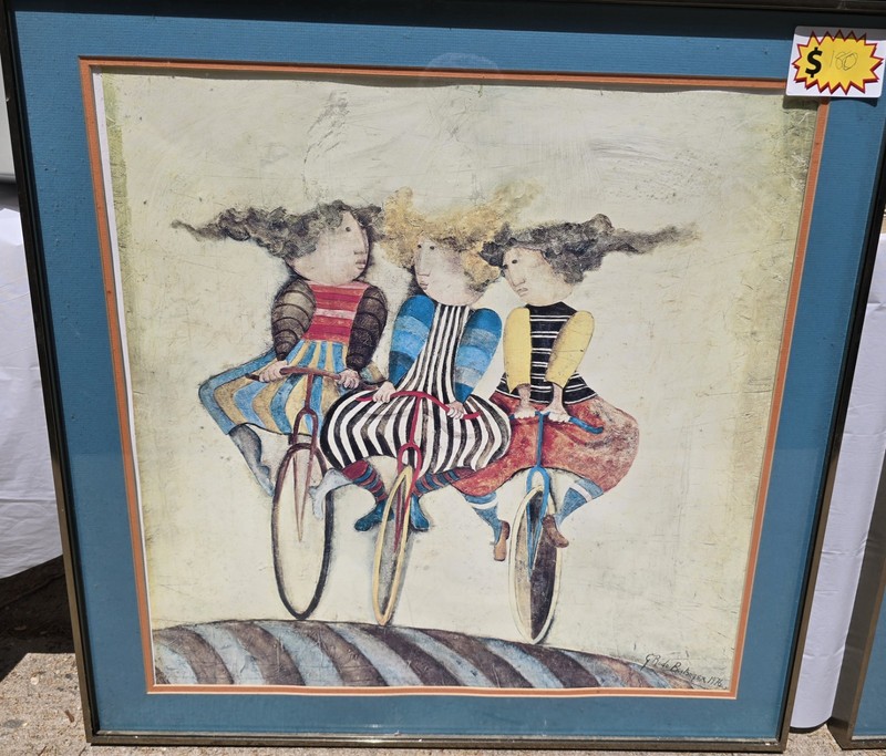 G Rodo Boulanger Signed Contemporary Painting Women Cycling Matted & Framed