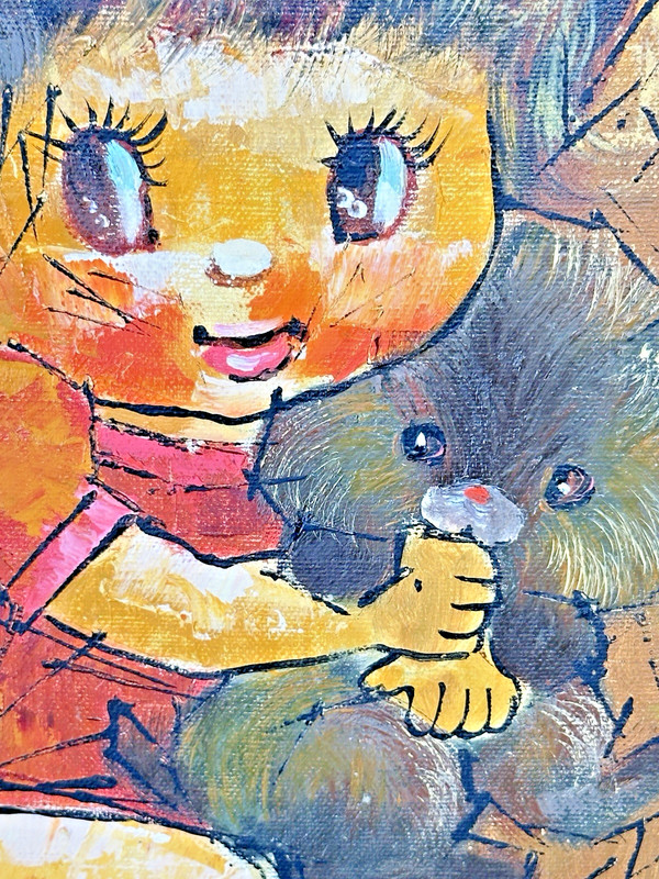 Vintage 1970's Big Eyed Girl and Kitty Framed Mod Oil Painting Signed "Howard" gallery