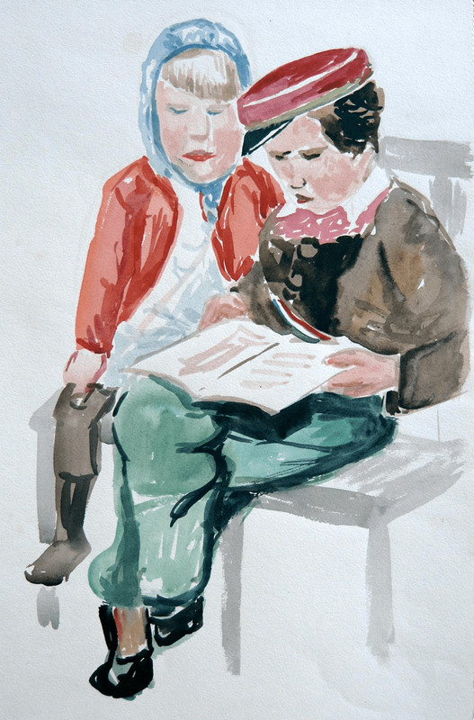 Siblings, Studentika, 1947 | Watercolor by Walther Matzdorff | Erzgebirge