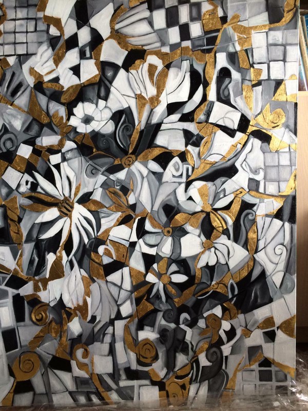 Abstract 24K gold & Oil / Canvas 20th Cen Rusha Mehdikhan Tit Vases & Flowers *