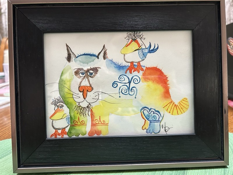Original Watercolor Art Whimsical Blue Aqua Orange Cat & Birds, Signed , Framed