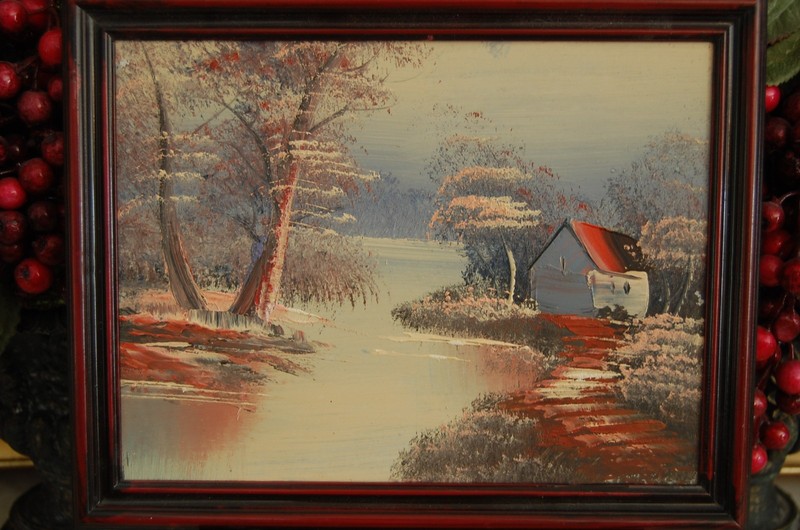 VINTAGE 1950-60S FRAMED IMPRESSIONIST OIL RIVER, TREES & COTTAGE LANDSCAPE SCENE gallery