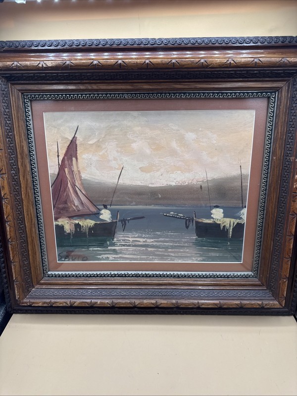 VINTAGE PAINTING MEDITERRANEAN FISHING SAILBOATS SIGNED BY Savio