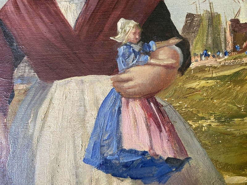 Antique Dutch Children Doll Windmill Beach Sea Scene Unknown Artist Oil Painting gallery