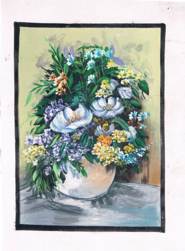 Handmade Painting of Floral Arrangement in a Vase on Silk Cloth 7X9 Inches