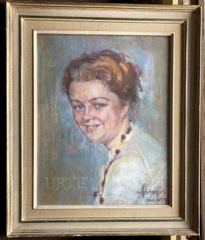 Pastel Portrait Unreadable Signed 1959 Portrait Young Woman Lady Antique
