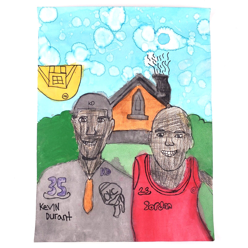Kevin Durant Michael Jordan Painting c2005 Original Naive Basketball Fan Art