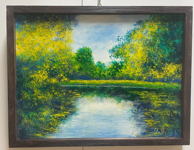 Original Framed Landscape Painting Peaceful Pond Trees Nature Art
