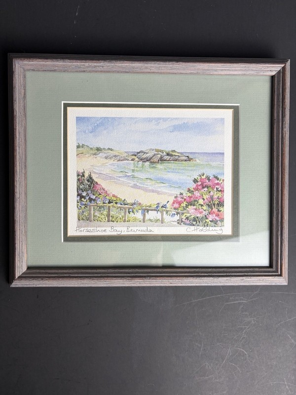 VTG Carole Holding Watercolor Bermuda Horseshoe Bay Print Signed 9×11 Mat Framed