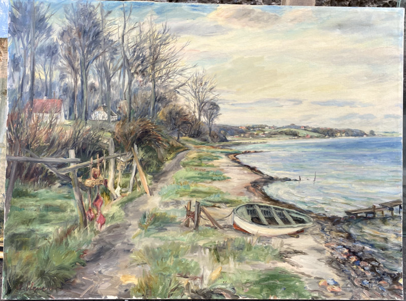 A. CLAUSNER Oil Painting Lake Landscape with Rowboat Rural Autumn