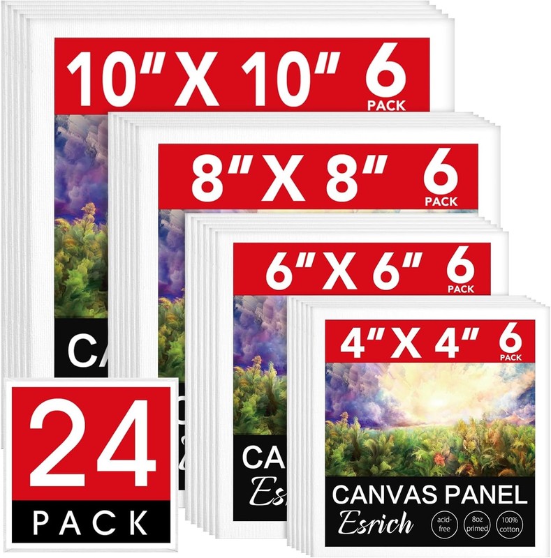 Pre Primed Canvas ESRICH 24Pack 4×4 6×6 8×8 10×10 Inch